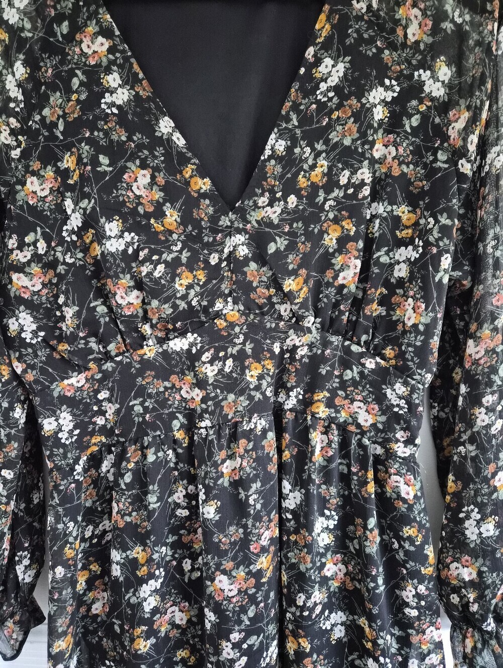 Dex Black Floral Chiffon Boho Long Sleeve Mini Dress, Medium, Cottagecore Vibes - Picture 4 of 14